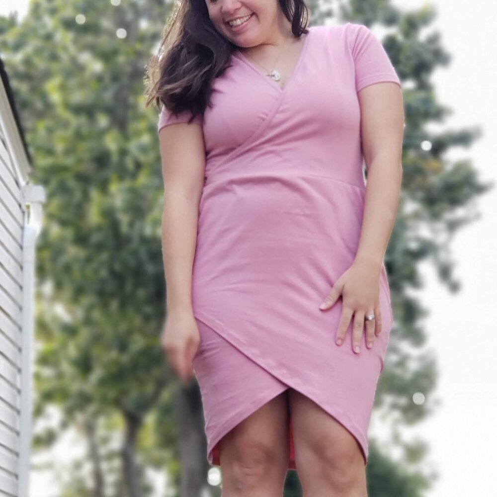 Pink Summer Faux Wrap Dress Handmade Cotton Lycra Size M